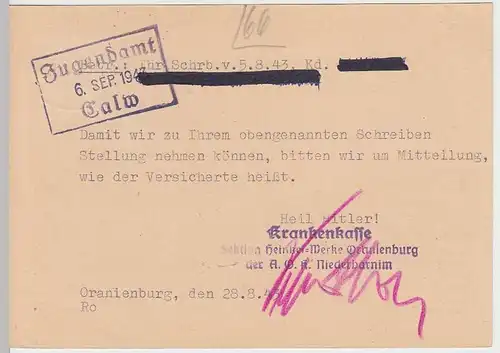 (33891) Postkarte DR 1943 v. Krankenkasse Heinkel Werke Oranienburg