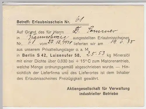 (33880) Postkarte DR 1935 AG f. Verwaltung Industrieller Betriebe, Berlin