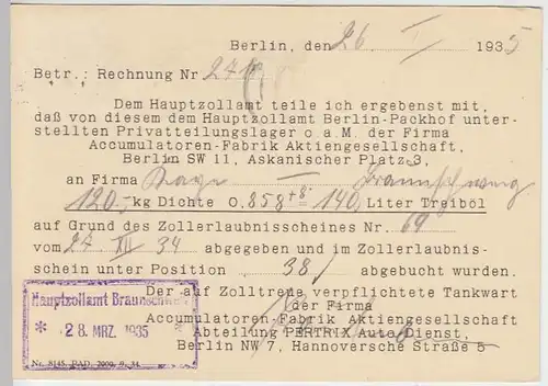 (33868) Postkarte DR 1935 an Hauptzollamt Braunschweig