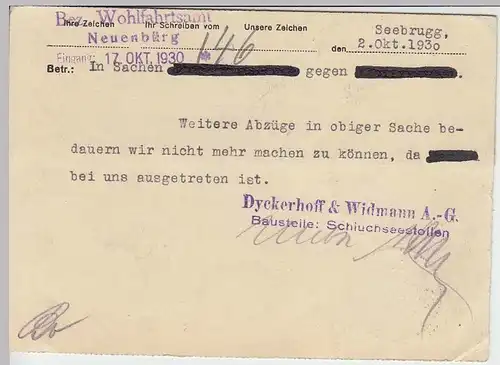 (33862) Postkarte DR 1930 Dyckerhoff & Widmann AG an Jugendamt Neuenbürg