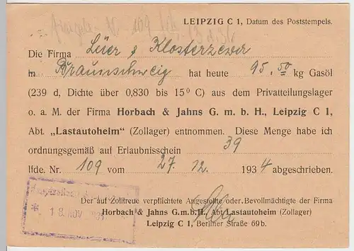 (33857) Postkarte DR 1935 Horbach & Jahns, Leipzig an Hauptzollamt Braunschweig