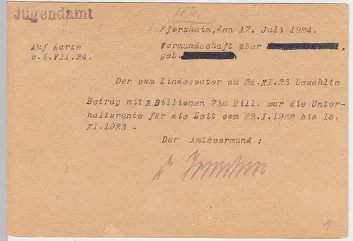 (33852) Postkarte DR 1924 Jugendamt Pforzheim an Jugendamt Nagold