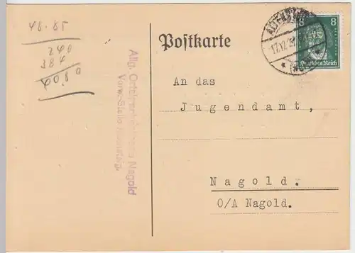 (33850) Postkarte DR 1927 Ortskrankenkasse Nagold an Jugendamt Nagold