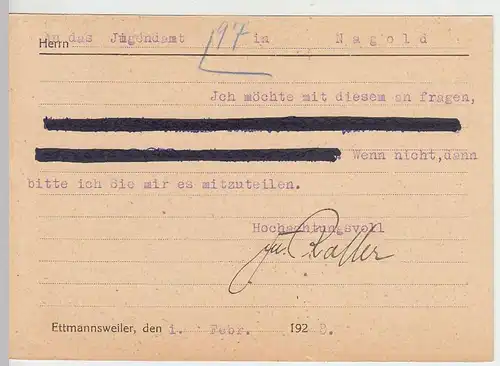 (33849) Postkarte DR 1928 Friedrich Roller, Ettmannsweiler an Jugendamt Nagold
