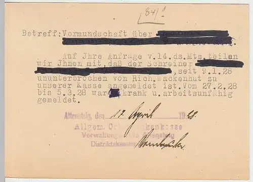 (33846) Postkarte DR 1928 Ortskrankenkasse Nagold an Jugendamt Nagold