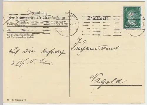 (33842) Postkarte DR 1928 Ortskrankenkasse Stuttgart an Jugendamt Nagold