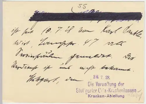(33842) Postkarte DR 1928 Ortskrankenkasse Stuttgart an Jugendamt Nagold