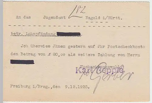 (33839) Postkarte DR 1925 Karl Repple, Freiburg an Jugendamt Nagold