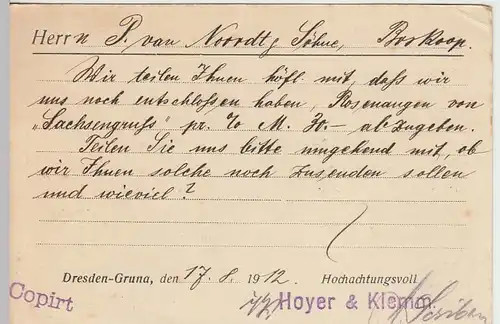 (33825) Postkarte DR 1912 v. Hoyer & Klemm, Dresden