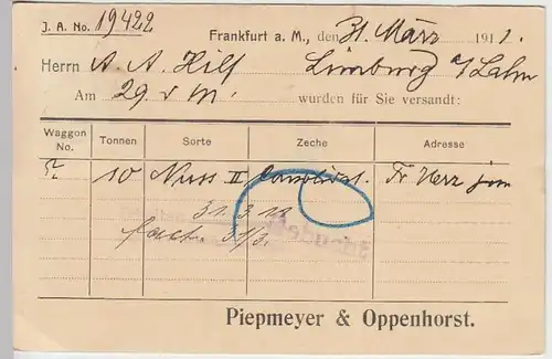 (33815) Postkarte DR 1911 v. Piepmeyer & Oppenhorst, Frankfurt