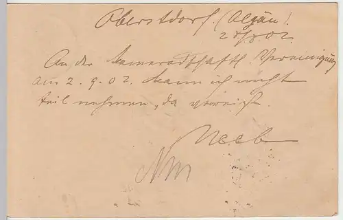 (33722) Ganzsache Bayern Obersdorf nach Mainz 1902