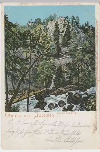 (33960) AK Gruss aus Jocketa, Lorelei und Steg, 1905