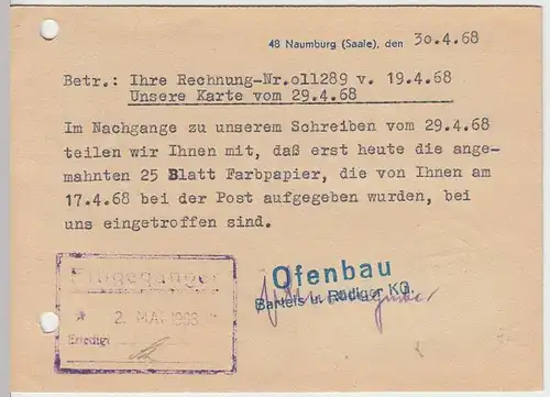 (33699) Postkarte DDR v. Ofenbau Bartels u. Rüdiger KG, Naumburg 1968