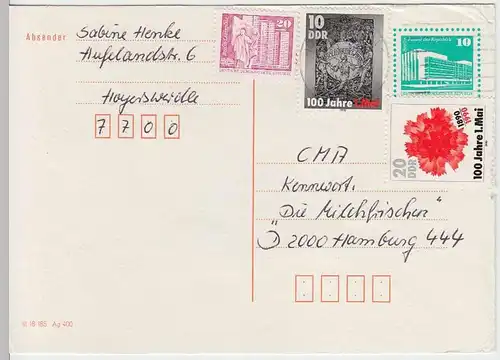 (33690) Ganzsache DDR m. Zusatzfrankatur an CMA Hamburg 1989/90
