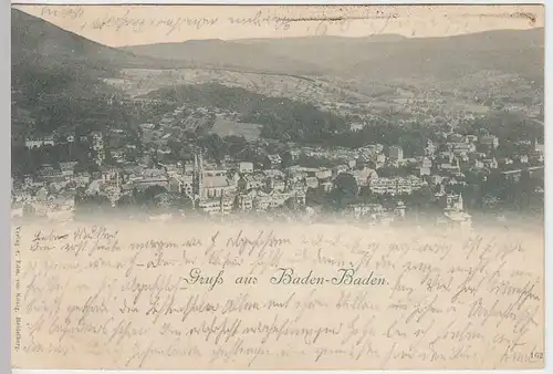 (33677) AK Gruß a. Baden-Baden, Panorama, mit Mi 46 Randstück, 1897