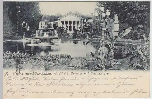 (33557) AK Gruss aus Wiesbaden, Curhaus m. Bowling green, 1903