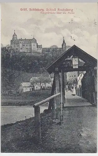 (33364) AK Lunzenau, Schloss Rochsburg, Hängebrücker ü.d. Mulde, 1917