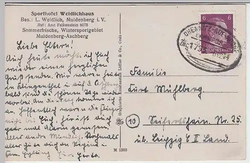 (33183) AK Muldenberg i.V., Sporthotel Weidlichhaus, Bahnpost 1944