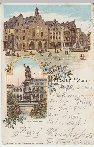 (33083) AK Gruss aus Frankfurt a.M., Schützenbrunnen, Römer, Litho 1899