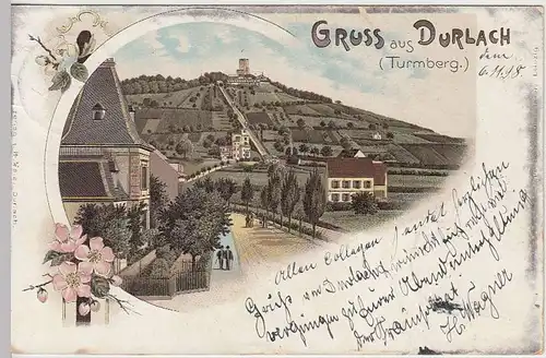 (33079) AK Gruss aus Durlach, Turmberg, Litho 1898