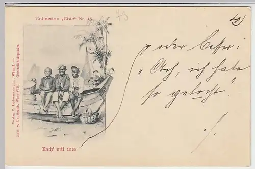 (33041) AK drei schwarze Jungs auf Boot "Lach mit uns", vor 1905
