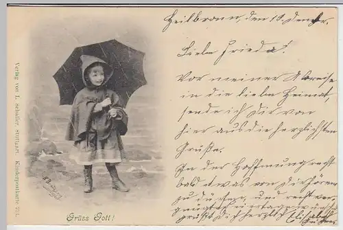 (33009) AK Kind im Regen, mit Spruch "Grüß Gott!", 1897