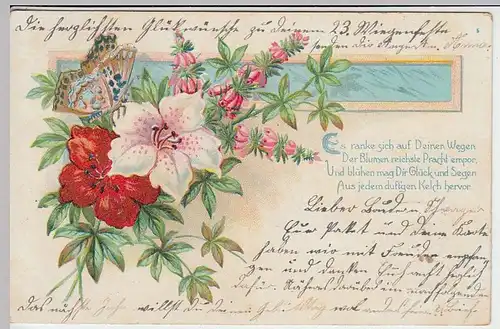 (33000) AK Grußkarte mit Blumen u. Spruch, 1904