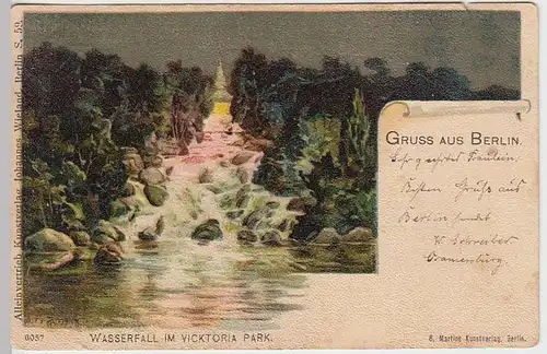 (32973) AK Gruss aus Berlin, Wasserfall im Victoria Park, 1900