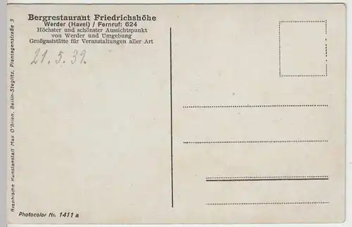 (32679) AK Werder (Havel), Bergrestaurant Friedrichshöhe, 1939