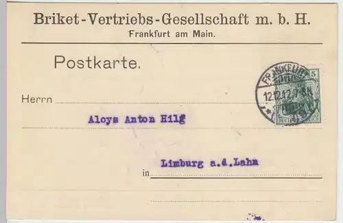 (31943) Postkarte DR 1912 v. Briket-Vertriebs G.m.b.H. Frankfurt