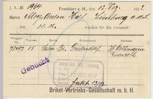 (31943) Postkarte DR 1912 v. Briket-Vertriebs G.m.b.H. Frankfurt