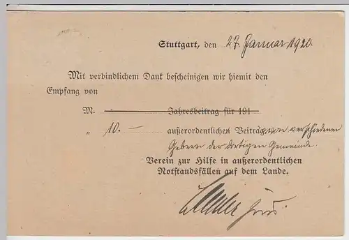 (31935) Postkarte DR 1920, Verein Hilfe in außerord. Notstandsfällen Stuttgart