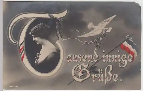 (31959) Foto AK Glückwunsch "Tausend innige Grüße", deutsche Flagge