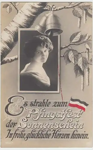 (31958) Foto AK Pfingsten, Portrait junge Frau, deutsche Flagge, 1915