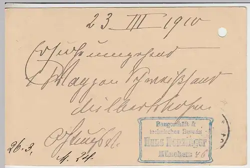 (31713) Ganzsache Bayern 1910 v. Baugeschäft Hans Danzinger, München