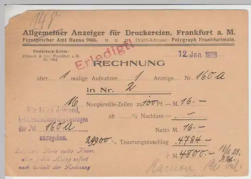 (31679) Postkarte DR 1923 v. Allg. Anzeiger Frankfurt a.M., Rechnung