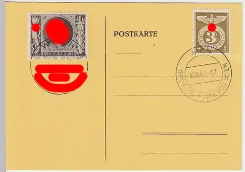 (31554) Postkarte m. Mi 844 u. 830, verschiedene SSt Wien 1943