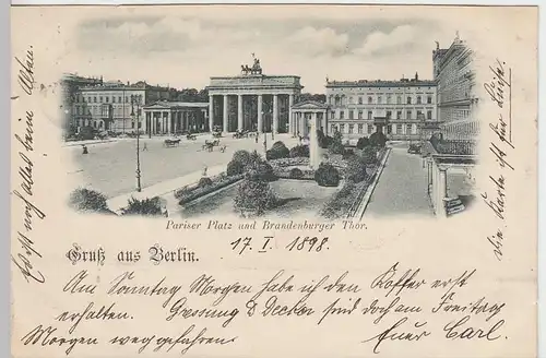 (31531) AK Gruss aus Berlin, Pariser Platz u. Brandenburger Thor, 1898