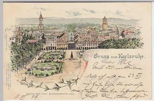 (31447) AK Gruss aus Karlsruhe, Panorama vom Schlossthurm aus, 1897