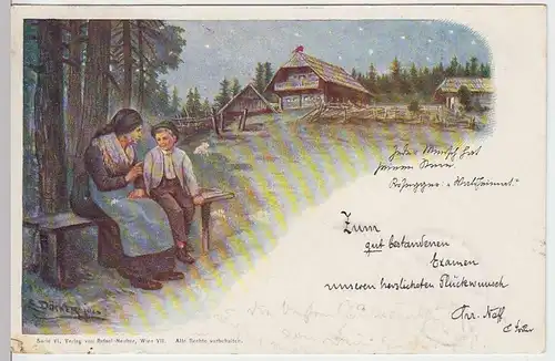 (31412) Künstler AK E.Döcker jun.: Frau mit Kind auf Bank, 1899