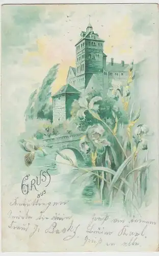 (31408) AK Gruss aus - Burg mit Brücke, 1900