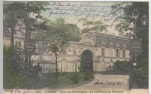 (31203) AK Paris, Bois de Boulogne, Chateau de Madrid, 1905