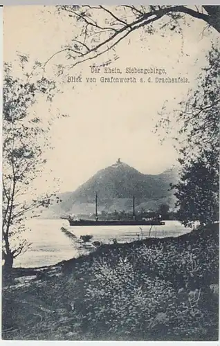 (30789) AK Grafenwerth, Blick auf den Drachenfels, mit Rheinschiff, 1907