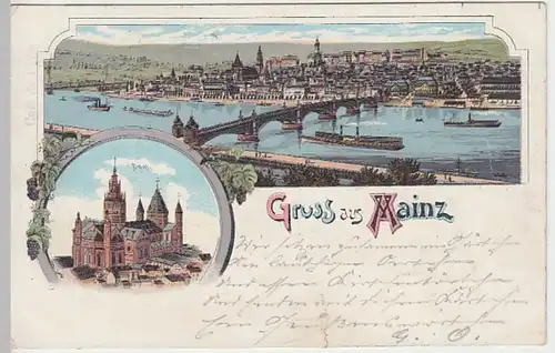 (30599) AK Gruss aus Mainz, Rheinpanorama, Dom, Litho 1898