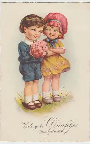 (29963) AK Geburtstag, Kinder mit Rosenstrauß 1932