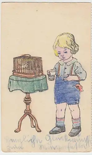 (29765) AK Kind füttert Vogel, handausgemalt 1930