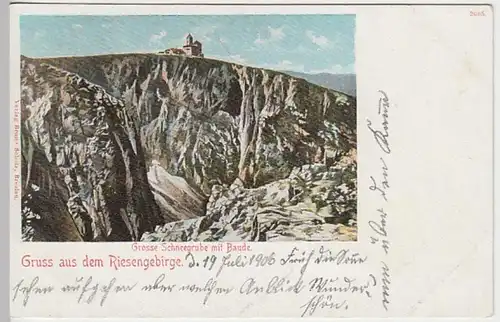 (29523) AK Gruss aus d. Riesengebirge, Śnieżne Kotły, Schneegrube m. Baude 1906