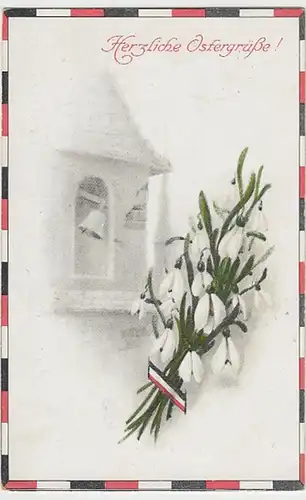 (27885) Künstler AK Ostern, Schneeglöckchen, Glocke im Turm 1917