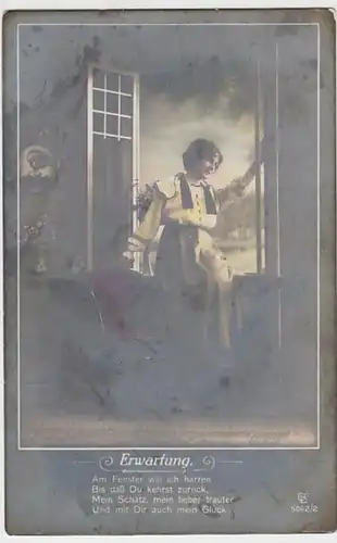 (27855) Foto AK Spruch, Am Fenster will ich harren 1918