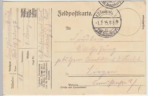 (27707) Feldpostkarte, 18. Armeekorps, 1. Komp. 1915